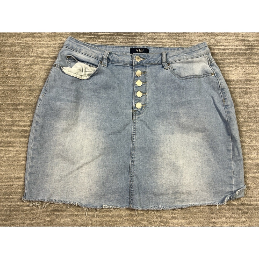 YMI Jean Skirt Juniors 13 Blue Denim Pencil‎ Button Fly Pockets Frayed